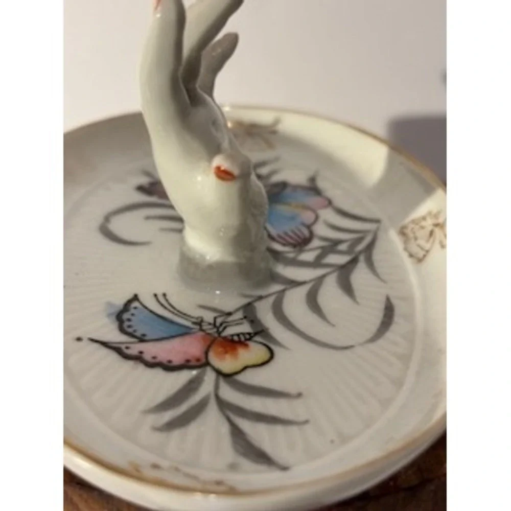 Vintage Porcelain Hand Ring Trinket Dish Butterfly Design Vanity Tray‎